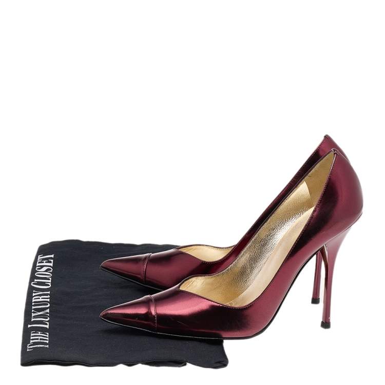 Pre Owned Roberto Cavalli Metallic Burgundy Leather Pointed Toe Pumps Size 37