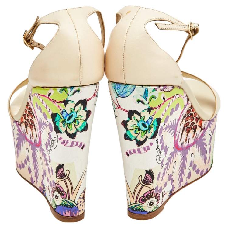 مملوكة مسبقًا Roberto Cavalli Cream Leather Wedge Sandals Size 40