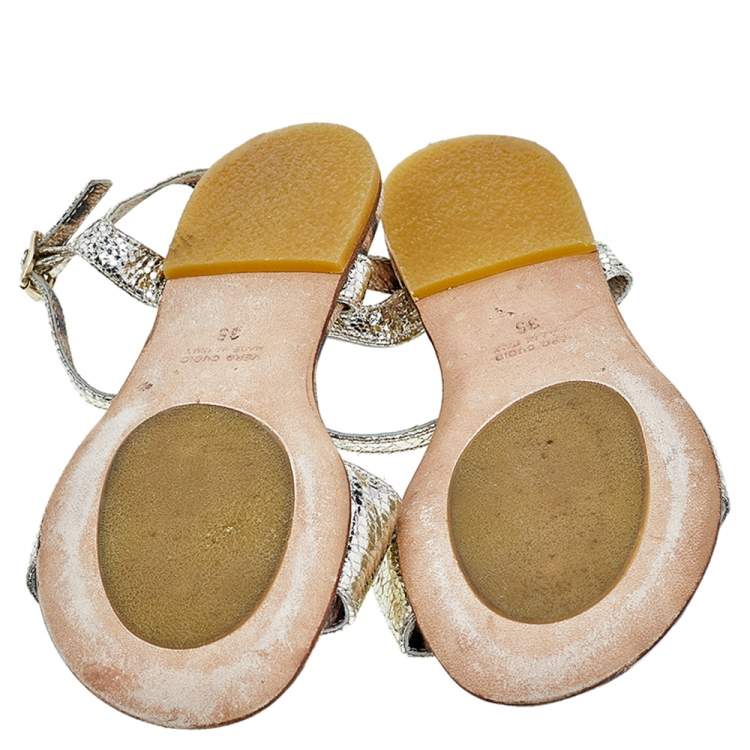 Pre Owned Roberto Cavalli Metallic Gold Leather Flat Sandals Size 35