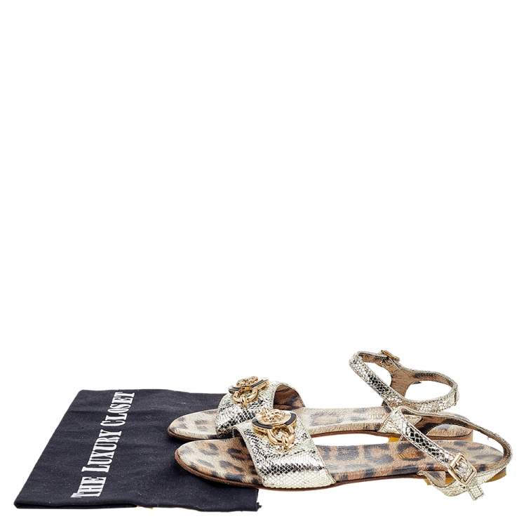 Pre Owned Roberto Cavalli Metallic Gold Leather Flat Sandals Size 35