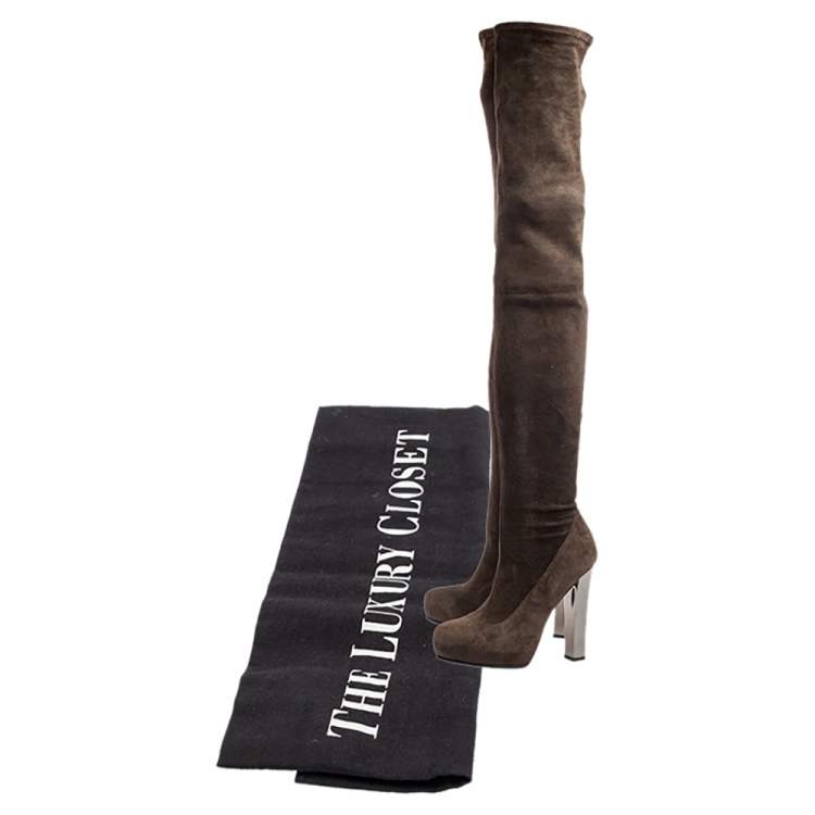 Pre Owned Roberto Cavalli Brown Suede Fold Thigh High Boots Size 37.5