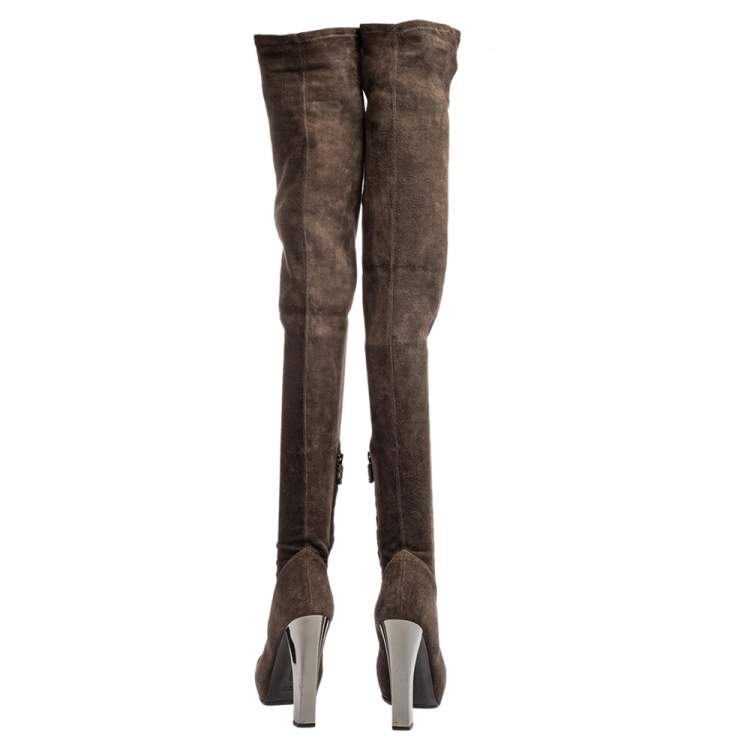 Pre Owned Roberto Cavalli Brown Suede Fold Thigh High Boots Size 37.5