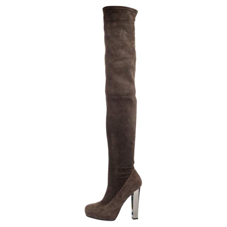 Pre Owned Roberto Cavalli Brown Suede Fold Thigh High Boots Size 37.5
