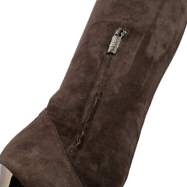 Pre Owned Roberto Cavalli Brown Suede Fold Thigh High Boots Size 37.5