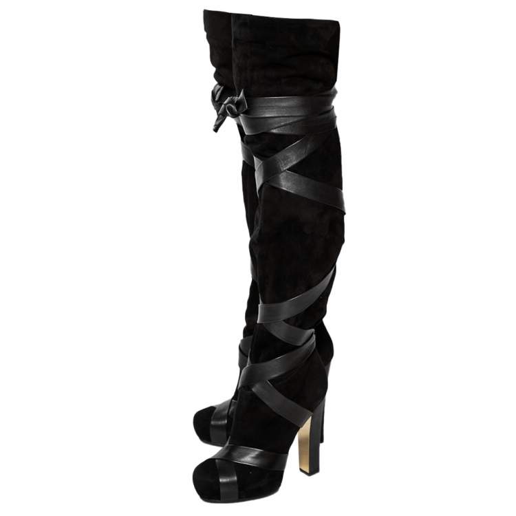 Pre Owned Roberto Cavalli Black Suede and Leather Wrap Tie Thigh High Boots Size 37