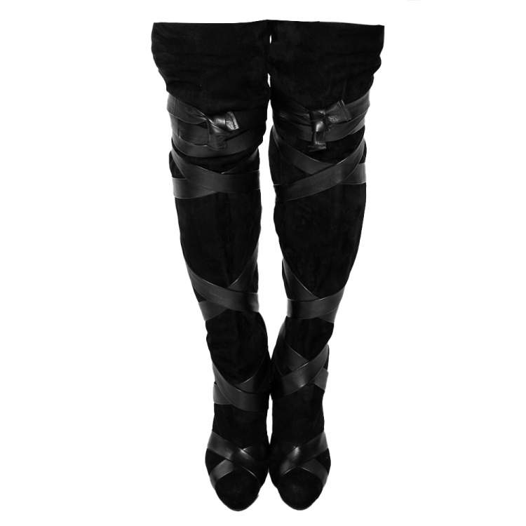 Pre Owned Roberto Cavalli Black Suede and Leather Wrap Tie Thigh High Boots Size 37