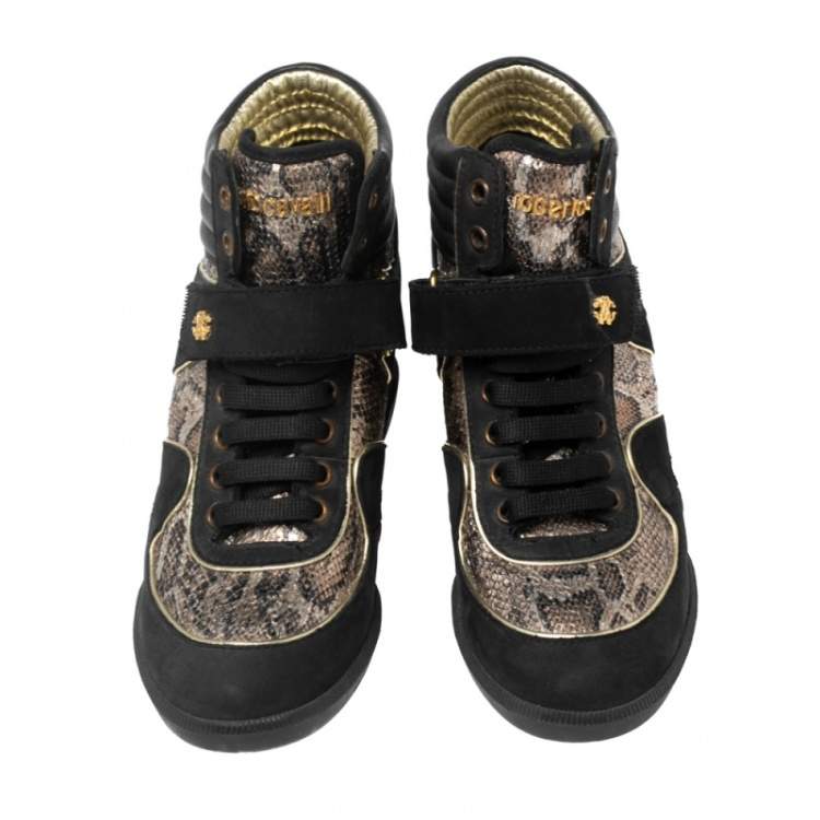 Pre Owned Roberto Cavalli Beige/Black Python Embossed Leather And Suede Wedge Sneakers Size 37