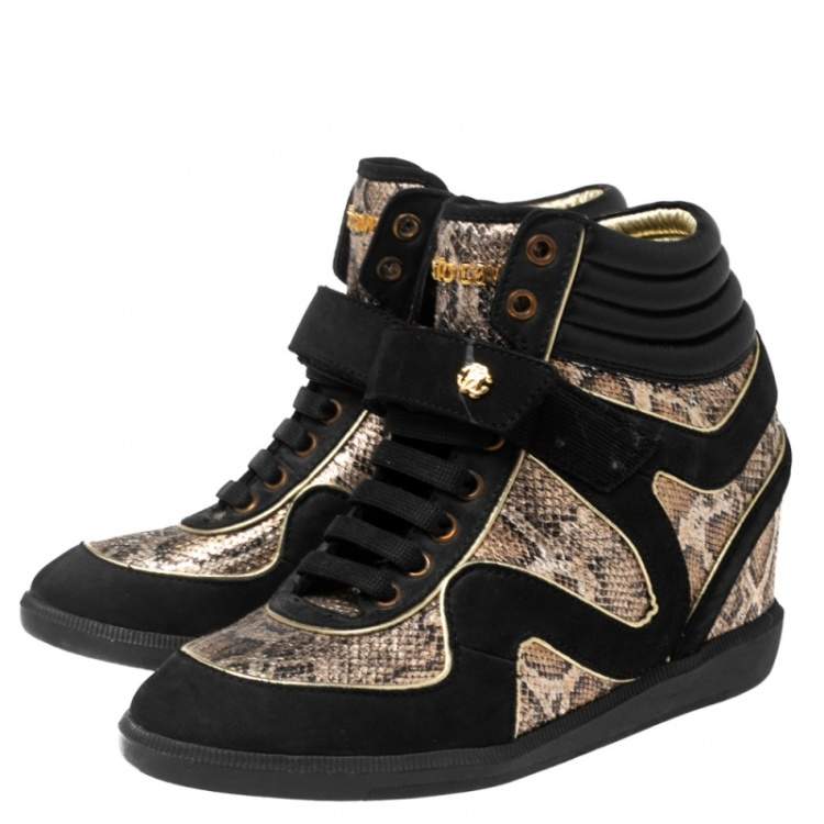 Pre Owned Roberto Cavalli Beige/Black Python Embossed Leather And Suede Wedge Sneakers Size 37