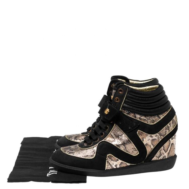 Pre Owned Roberto Cavalli Beige/Black Python Embossed Leather And Suede Wedge Sneakers Size 37