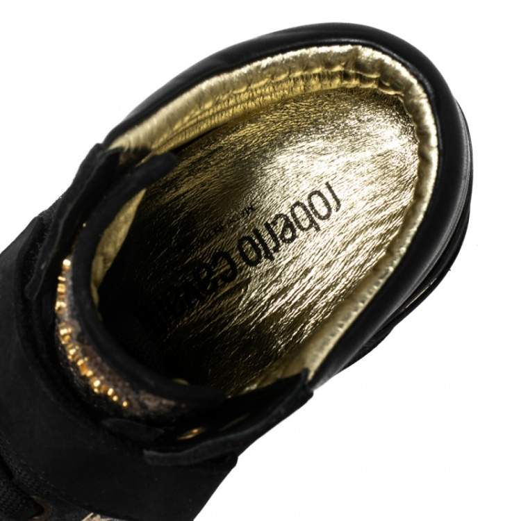 Pre Owned Roberto Cavalli Beige/Black Python Embossed Leather And Suede Wedge Sneakers Size 37