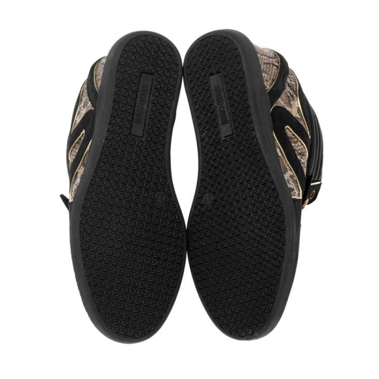 Pre Owned Roberto Cavalli Beige/Black Python Embossed Leather And Suede Wedge Sneakers Size 37