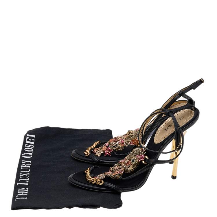 Pre Owned Roberto Cavalli Black Leather Skull Embellished Sandals Size 39.5