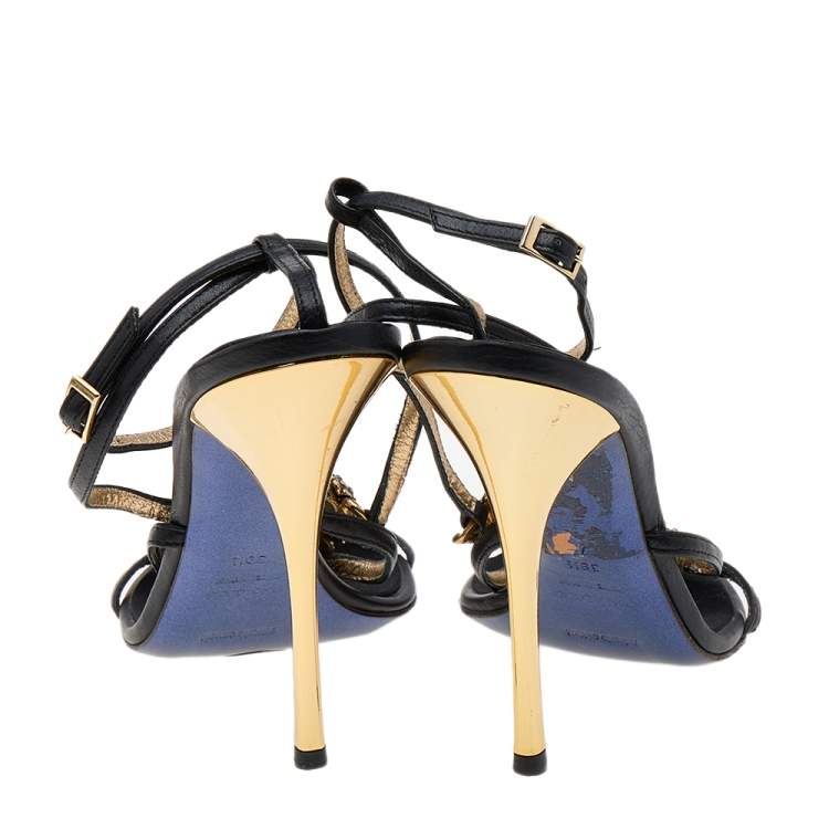Pre Owned Roberto Cavalli Black Leather Skull Embellished Sandals Size 39.5