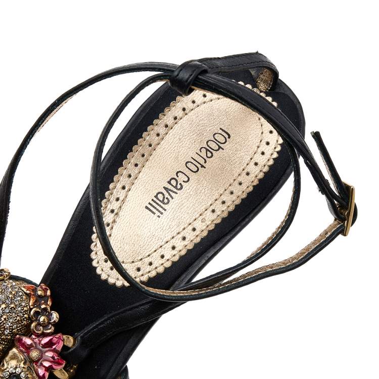 Pre Owned Roberto Cavalli Black Leather Skull Embellished Sandals Size 39.5