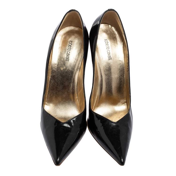 Pre Owned Roberto Cavalli Metallic Black Patent Leather Pointed Toe Pumps Size 38.5