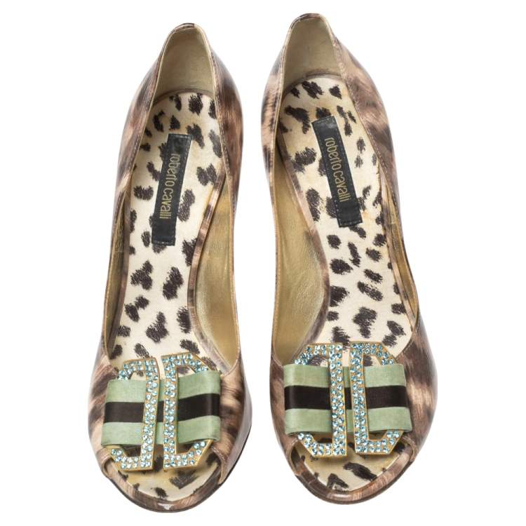 Pre Owned Roberto Cavalli Brown/Beige Leopard Print Patent Leather Embellished Buckle Detail Peep-Toe Pumps Size 37.5