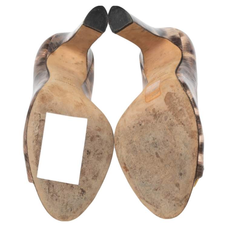 Pre Owned Roberto Cavalli Brown/Beige Leopard Print Patent Leather Embellished Buckle Detail Peep-Toe Pumps Size 37.5