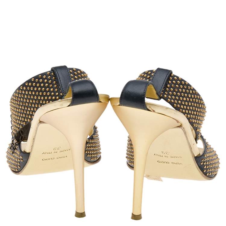 Pre Owned Roberto Cavalli Black Leather Studded Ankle Strap Sandals Size 39