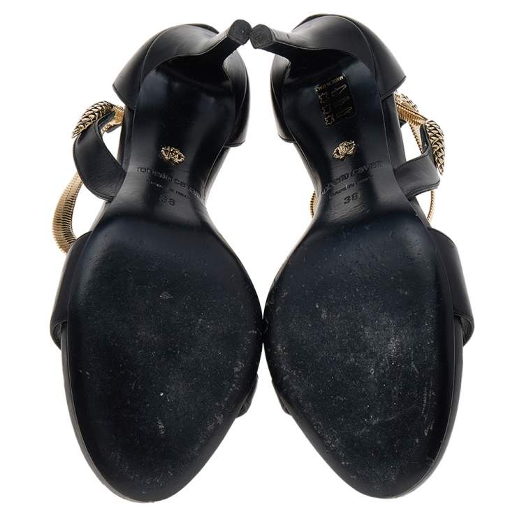 Pre Owned Roberto Cavalli Black Leather Snake Detail Ankle Strap Sandals Size 38