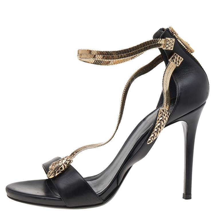 Pre Owned Roberto Cavalli Black Leather Snake Detail Ankle Strap Sandals Size 38