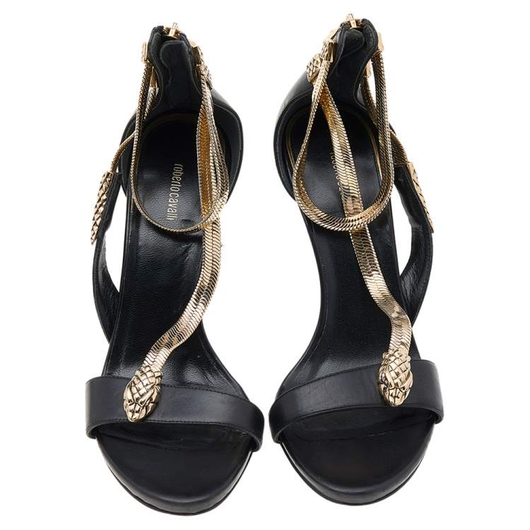 Pre Owned Roberto Cavalli Black Leather Snake Detail Ankle Strap Sandals Size 38