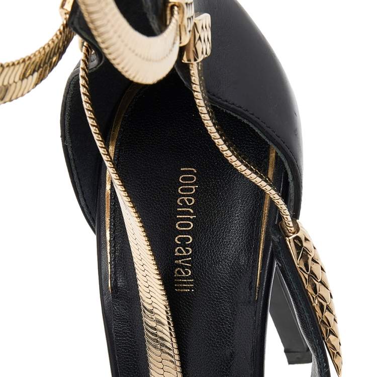 Pre Owned Roberto Cavalli Black Leather Snake Detail Ankle Strap Sandals Size 38