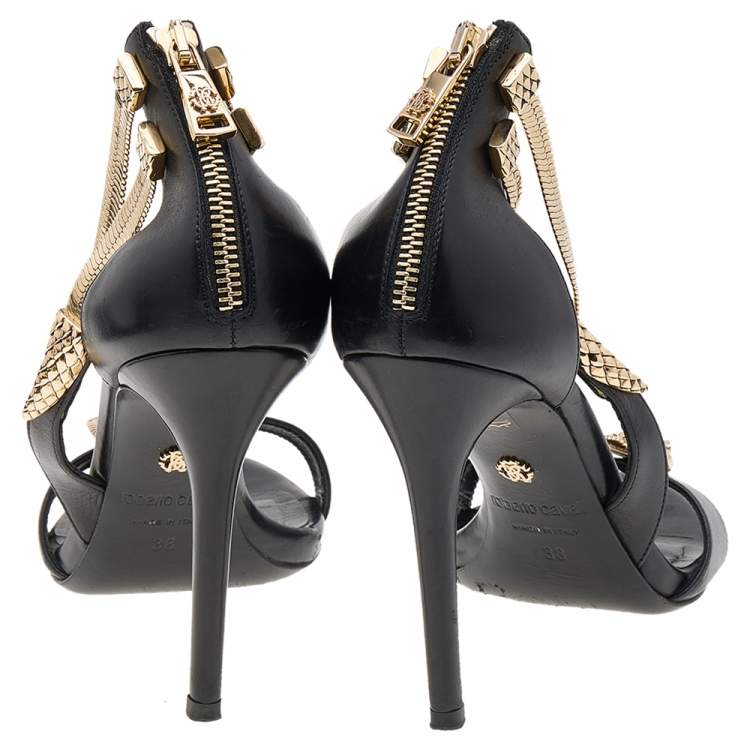 Pre Owned Roberto Cavalli Black Leather Snake Detail Ankle Strap Sandals Size 38