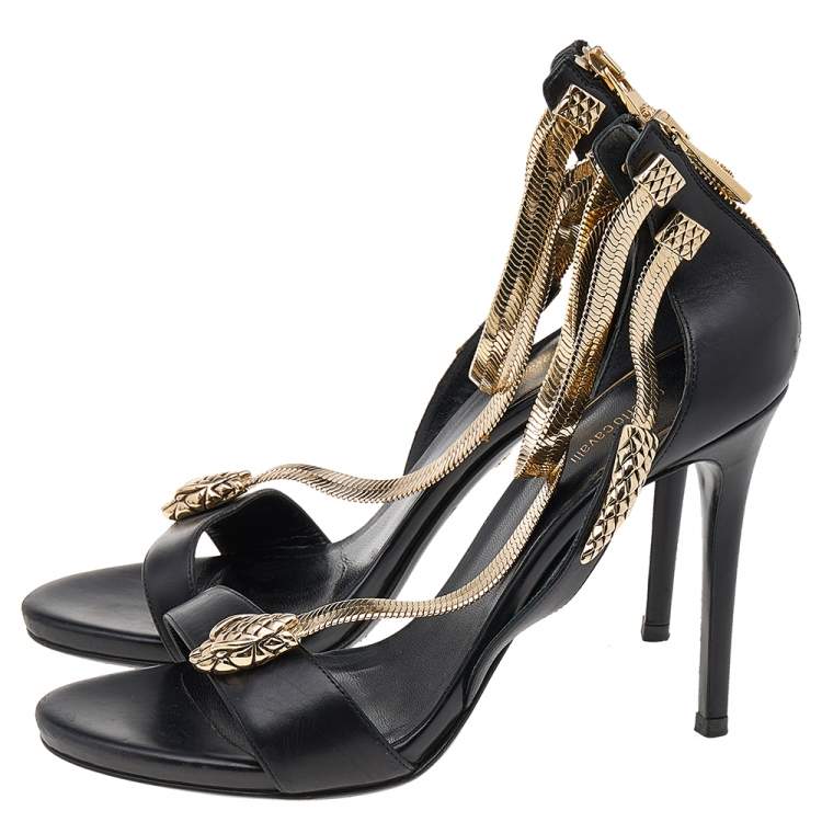 Pre Owned Roberto Cavalli Black Leather Snake Detail Ankle Strap Sandals Size 38