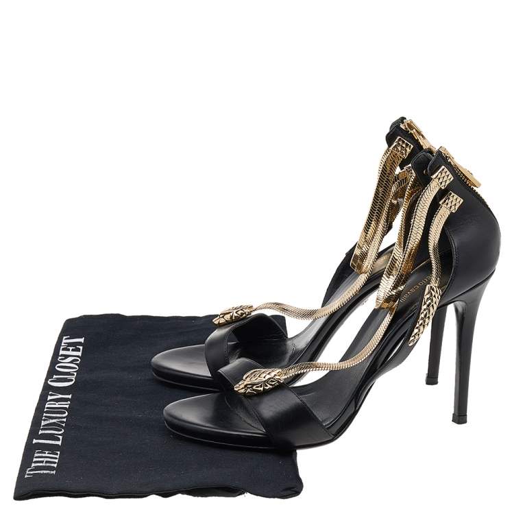 Pre Owned Roberto Cavalli Black Leather Snake Detail Ankle Strap Sandals Size 38