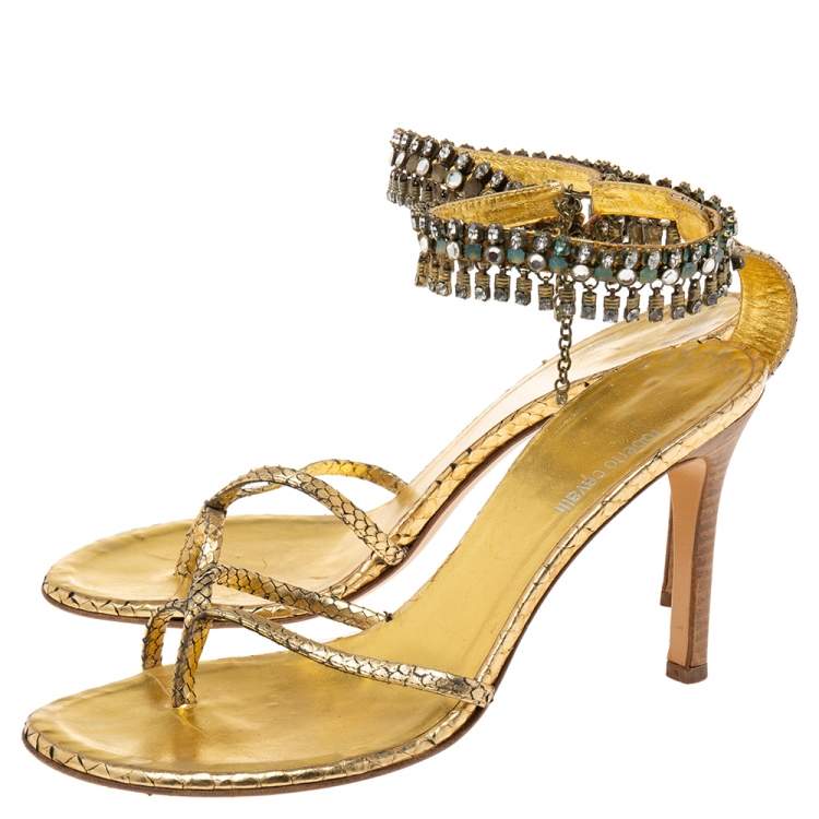 Pre Owned Roberto Cavalli Gold Snakeskin Embossed Leather Crystal Embellished Ankle Sandals Size 38