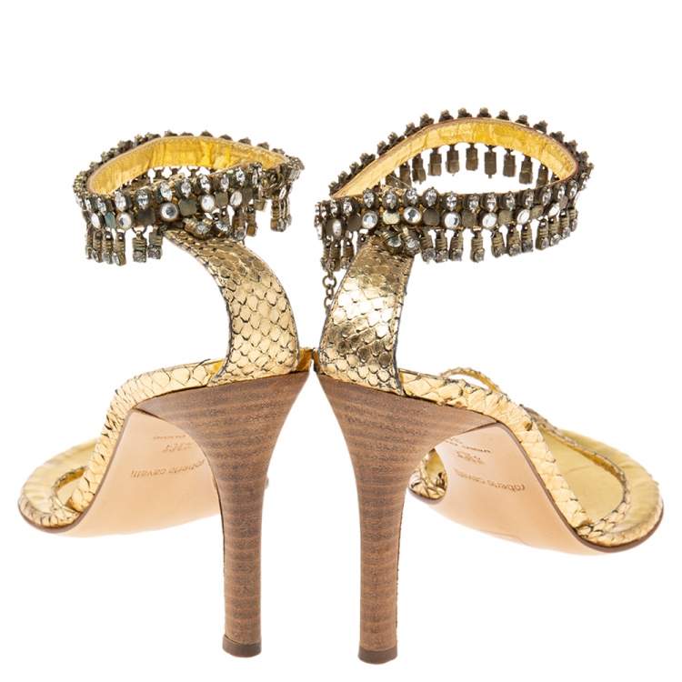 Pre Owned Roberto Cavalli Gold Snakeskin Embossed Leather Crystal Embellished Ankle Sandals Size 38