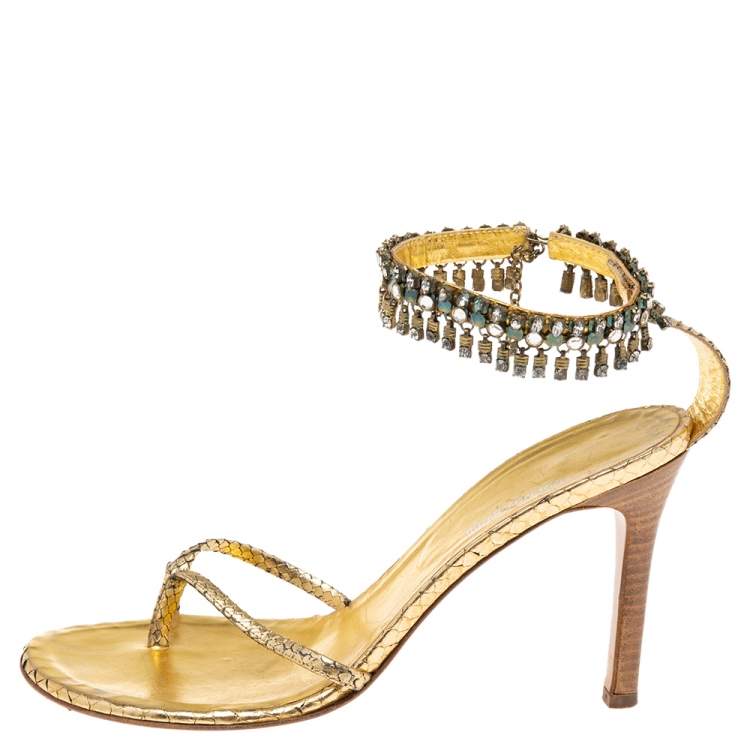 Pre Owned Roberto Cavalli Gold Snakeskin Embossed Leather Crystal Embellished Ankle Sandals Size 38