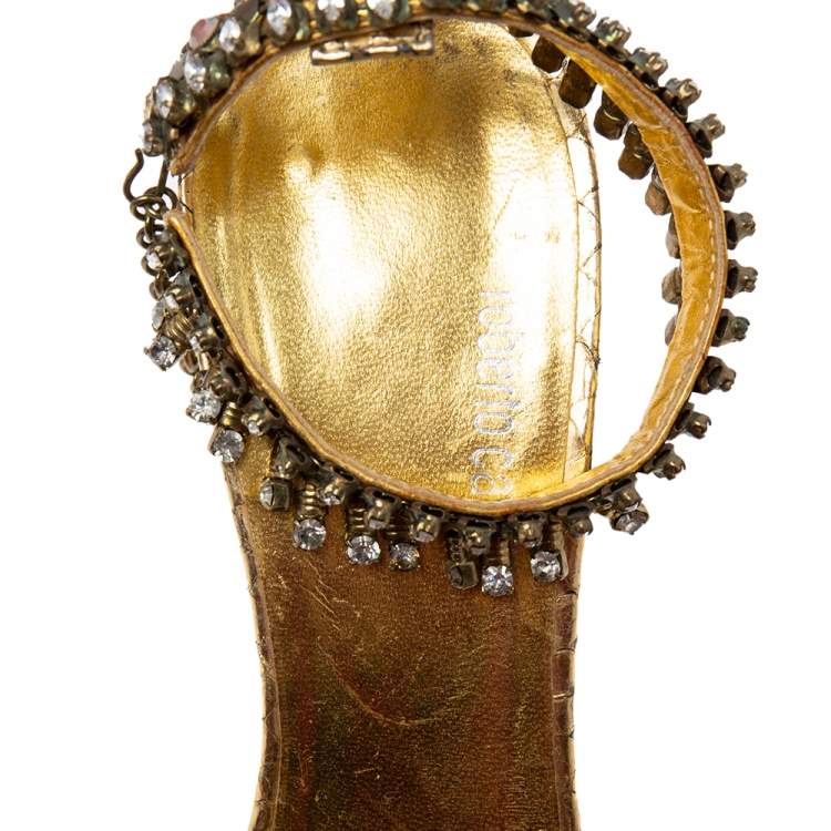 Pre Owned Roberto Cavalli Gold Snakeskin Embossed Leather Crystal Embellished Ankle Sandals Size 38