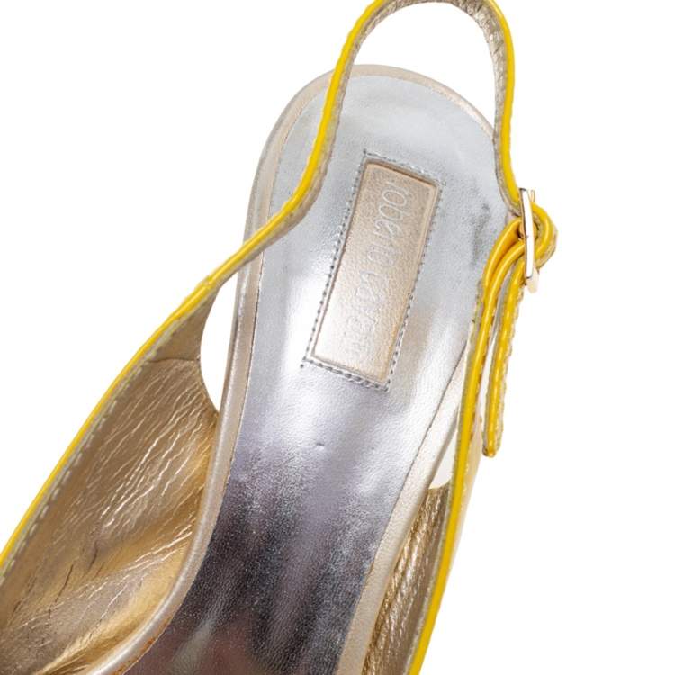 Pre Owned Roberto Cavalli Yellow Patent Leather Slingback Sandals Size 37