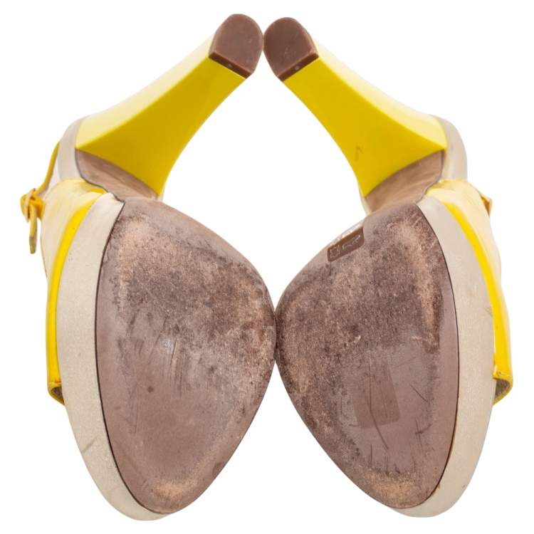 Pre Owned Roberto Cavalli Yellow Patent Leather Slingback Sandals Size 37