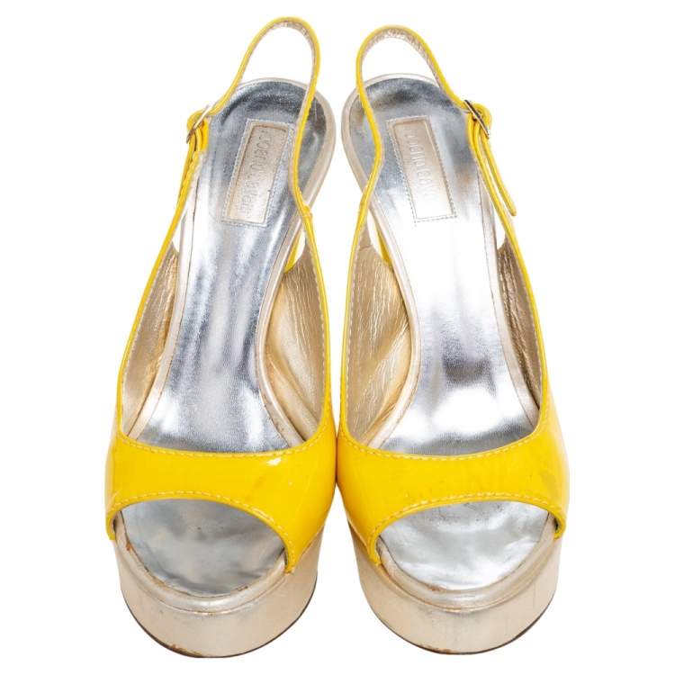 Pre Owned Roberto Cavalli Yellow Patent Leather Slingback Sandals Size 37