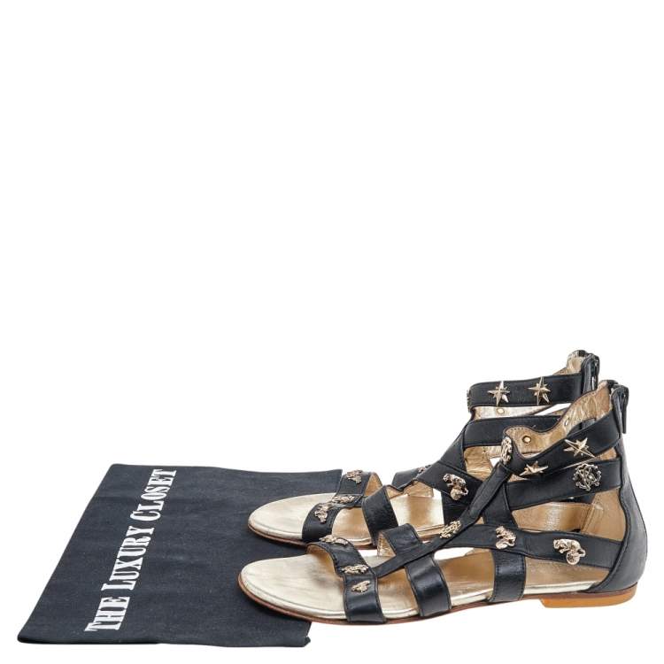 Pre Owned Roberto Cavalli Black Leather Embellished Sandals Size 35