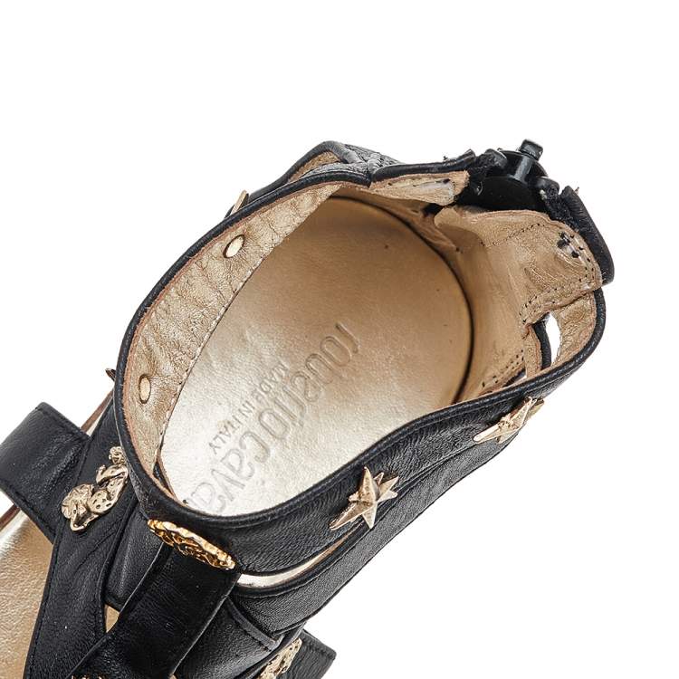 Pre Owned Roberto Cavalli Black Leather Embellished Sandals Size 35