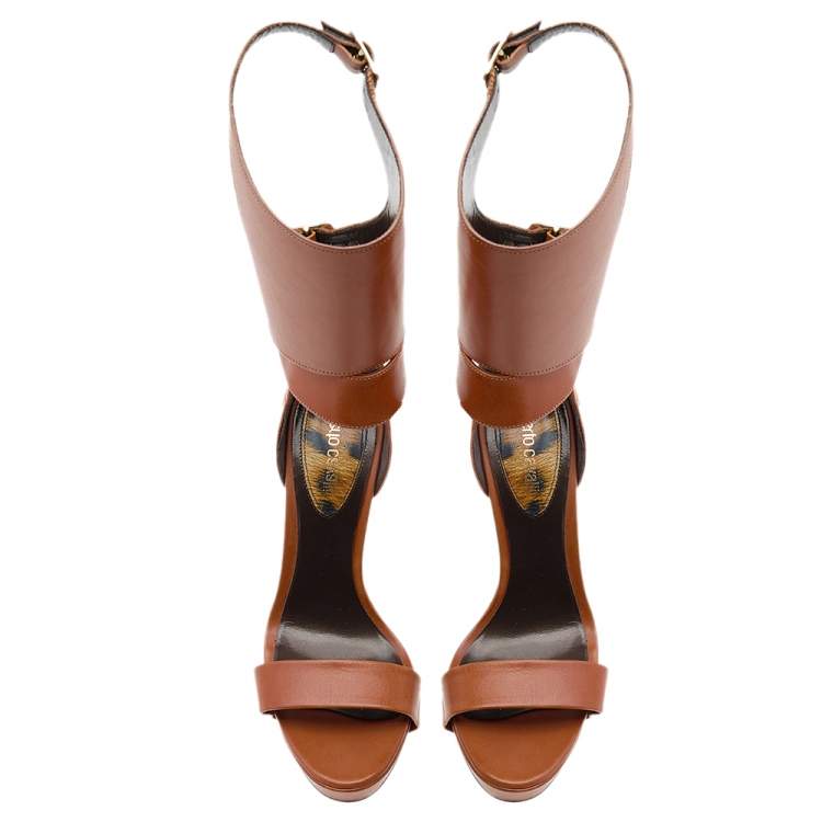Pre Owned Roberto Cavalli Brown Leather Ankle Cuff Platform Sandals Size 38