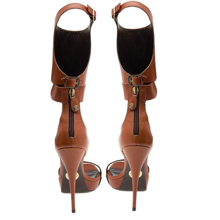 Pre Owned Roberto Cavalli Brown Leather Ankle Cuff Platform Sandals Size 38