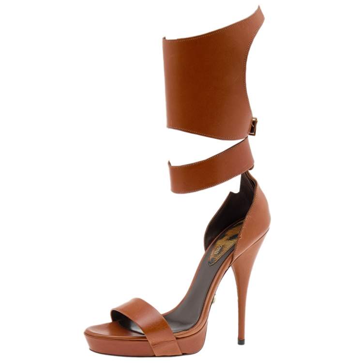 Pre Owned Roberto Cavalli Brown Leather Ankle Cuff Platform Sandals Size 38
