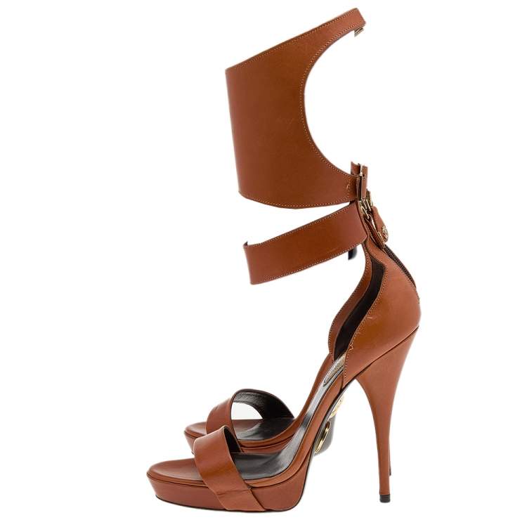 Pre Owned Roberto Cavalli Brown Leather Ankle Cuff Platform Sandals Size 38