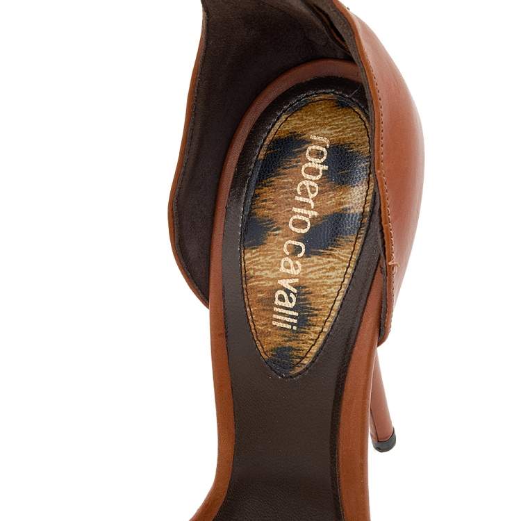 Pre Owned Roberto Cavalli Brown Leather Ankle Cuff Platform Sandals Size 38