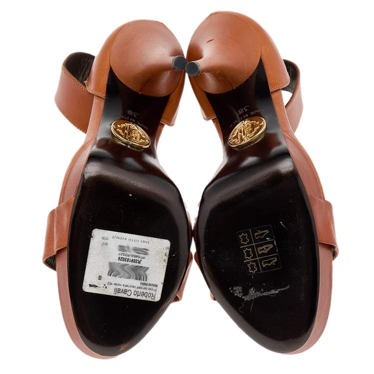 Pre Owned Roberto Cavalli Brown Leather Ankle Cuff Platform Sandals Size 38
