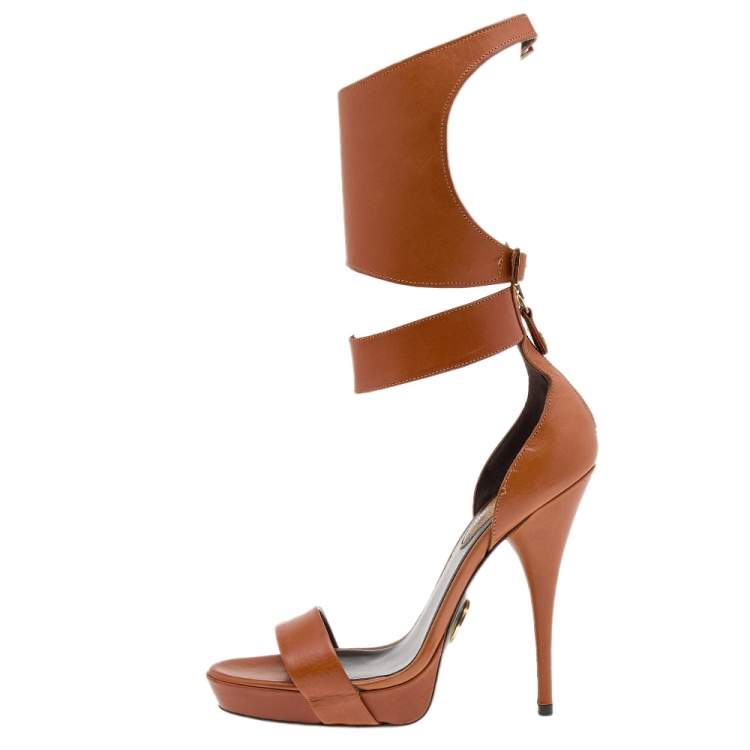 Pre Owned Roberto Cavalli Brown Leather Ankle Cuff Platform Sandals Size 38