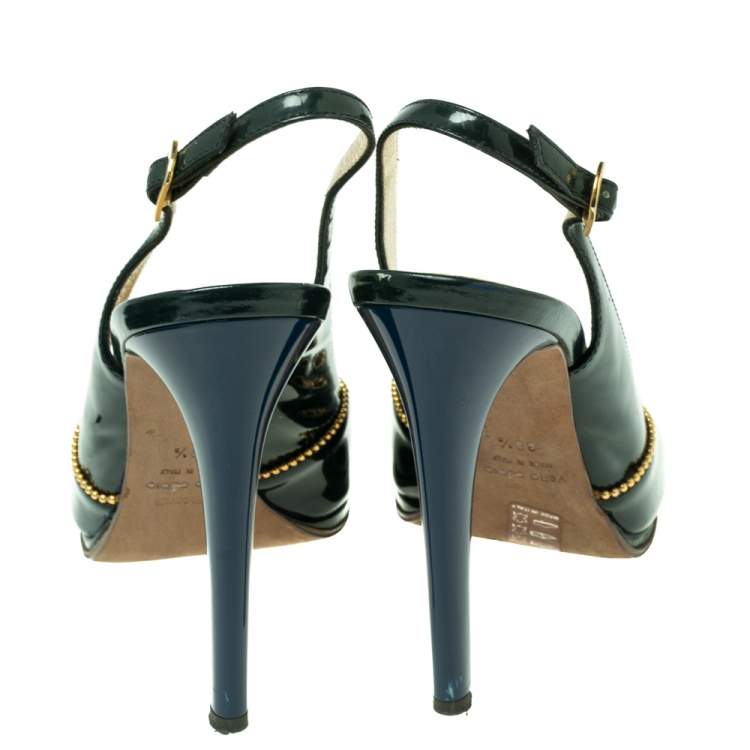 Pre Owned Roberto Cavalli Dark Green Patent Leather Slingback Peep-Toe Sandals Size 38.5