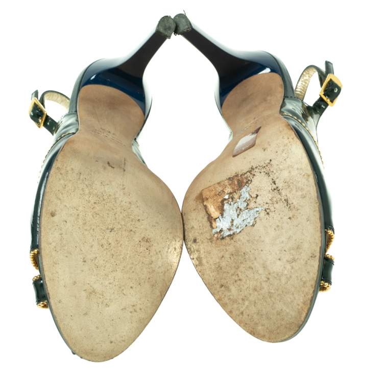Pre Owned Roberto Cavalli Dark Green Patent Leather Slingback Peep-Toe Sandals Size 38.5