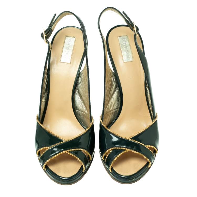 Pre Owned Roberto Cavalli Dark Green Patent Leather Slingback Peep-Toe Sandals Size 38.5