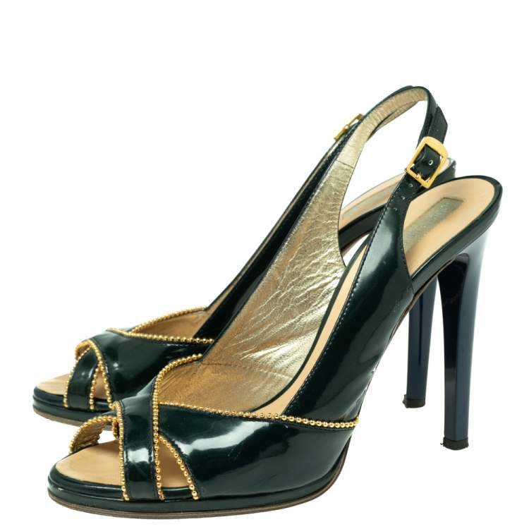 Pre Owned Roberto Cavalli Dark Green Patent Leather Slingback Peep-Toe Sandals Size 38.5