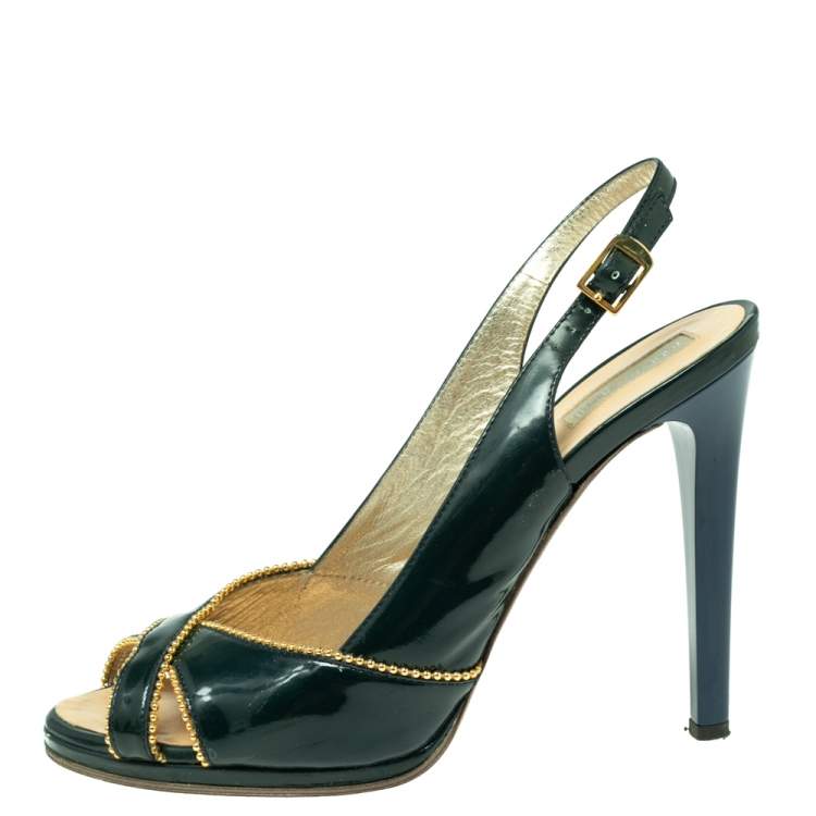 Pre Owned Roberto Cavalli Dark Green Patent Leather Slingback Peep-Toe Sandals Size 38.5
